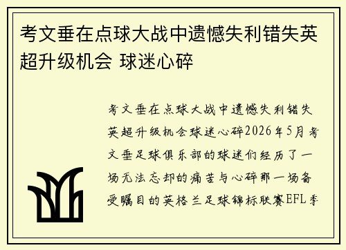 考文垂在点球大战中遗憾失利错失英超升级机会 球迷心碎
